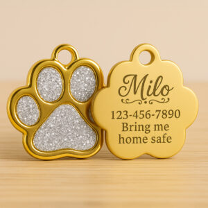 Gold Paw Pet ID Tag – Glitter Design, Size 30×30 mm