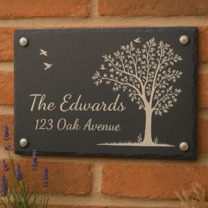 Personalized Slate House Sign – 25 × 15 cm – Rustic Edges – Incl. Stainless Steel Mounting Set