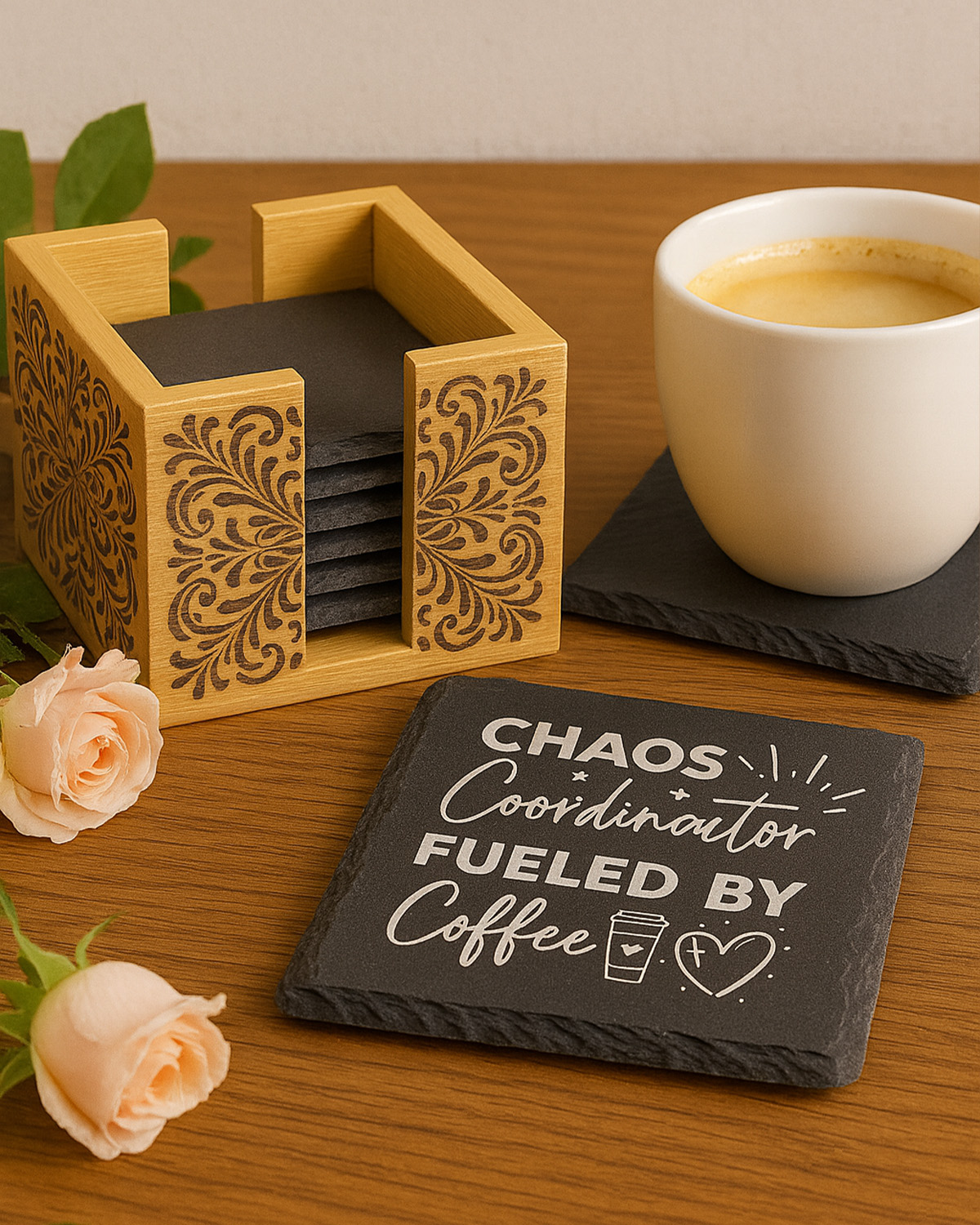 Slate Coaster Set – 8 pcs with Bamboo Box